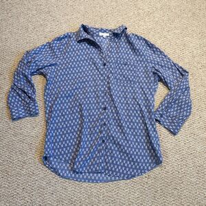 Hester & Orchard Button Up Shirt Blouse Womens M Blue Arrow Roll Tab Sleeve